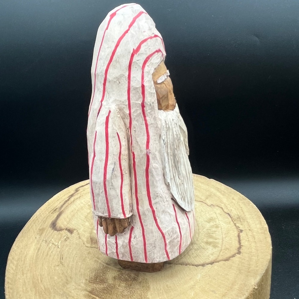 Vintage 1999 Hand Carved Wood Mooning Santa Figurine Folk Art Striped Nightgown - Picture 4 of 7